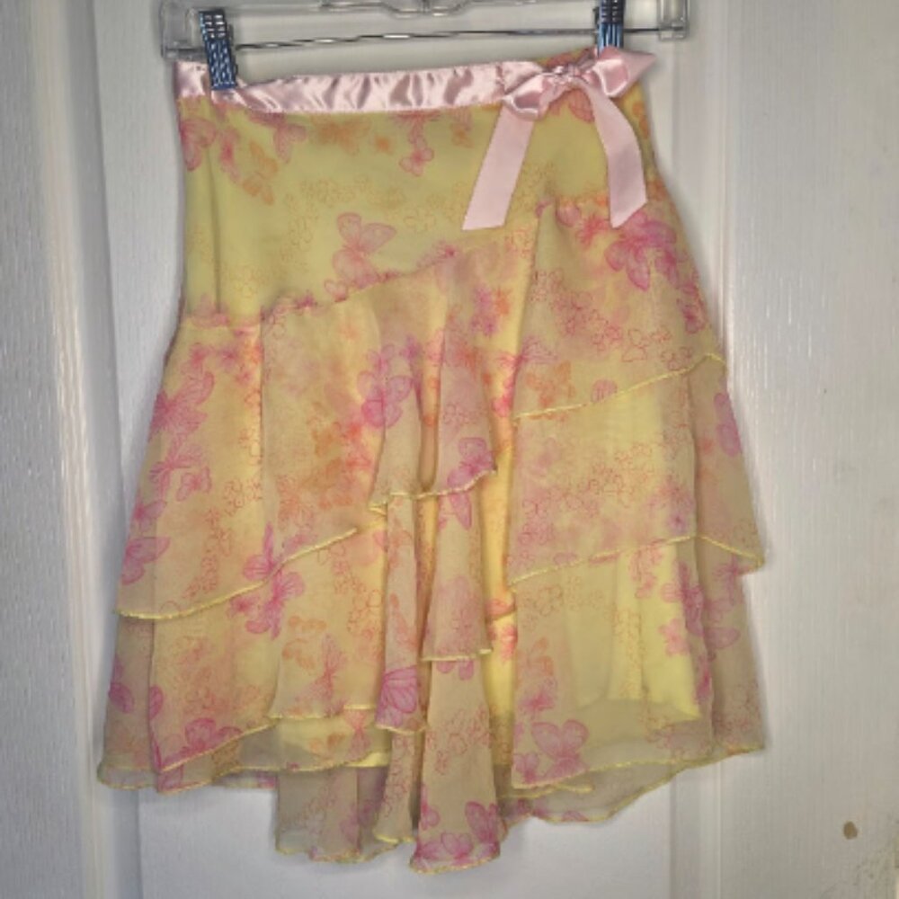 Yellow Pink Butterfly Print Tiered Chiffon mini skirt cottagecore fairycore